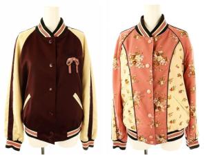 リバーシブル 花柄 スカジャン ジャケット S ベージュ ボルドー ピンク /HK OS