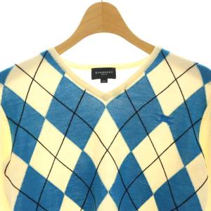 BURBERRY GOLF ウール アーガイルチェック Vネック ニット セーター M アイボリー 青 黒 /CX OS