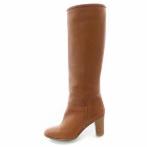 ロングブーツ ラウンドトゥ チャンキーヒール レザー 37 茶 ブラウン