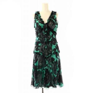 シルク フラワープリント フリルワンピース インナー付き I40 緑 黒 /MI OS