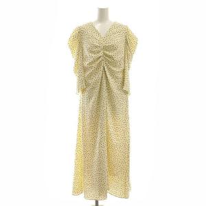 24SS Vネックタックギャザードットワンピース インナー付き 0 アイボリー 黒 /MI OS