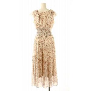 SNIDEL 24SS Sustaina プリーツフリルワンピース ロング フレンチスリーブ 総柄 0 オフホワイト