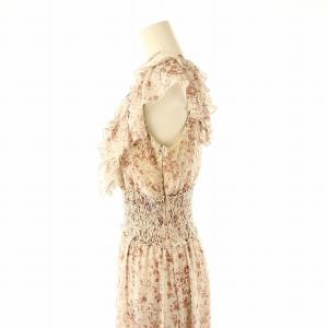 SNIDEL 24SS Sustaina プリーツフリルワンピース ロング フレンチスリーブ 総柄 0 オフホワイト