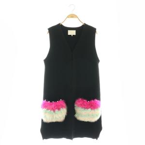 ファーニットベスト 前開き Vネック ロング 1 黒 ブラック