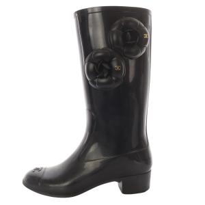 CHANEL レインブーツ ロング 長靴 ハイヒール カメリア ココマーク ラバー 36 ブラック G26648