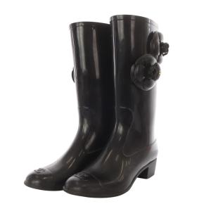 CHANEL レインブーツ ロング 長靴 ハイヒール カメリア ココマーク ラバー 36 ブラック G26648