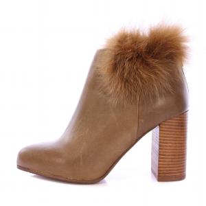 ブーティ ショートブーツ レザー ファー アーモンドトゥ チャンキーヒール 36 茶 ブラウン /BB