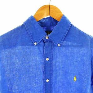 POLO RALPH LAUREN リネンロゴ刺繍長袖シャツ 前開き M ブルー