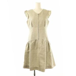 TISSUE社製 フリルフロントジップツイードワンピース 膝丈 36 グレージュ ライトグレー ホワイト