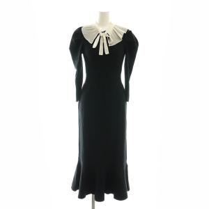 プリーツカラーニットワンピース ミモレ ロング 長袖 F 黒 ブラック /AT OS