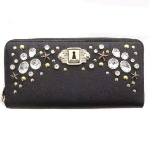 長財布 ラウンドファスナー ビジュー レザー 黒 ブラック /SB OS