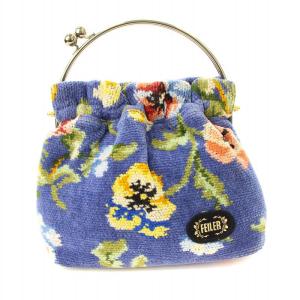 がま口 ハンドバッグ 花柄 コーデュロイ 青 /MM OF
