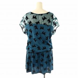 HYSTERIC GLAMOUR ヒステリックグラマー ネコ柄 フレンチスリーブ ワンピース カットソー ブラウジング F ブルーグリーン