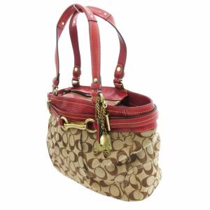 COACH ハンドバッグ シグネチャー ロゴ パッチ キャンバス レザー ベージュ 紅 ボルドー 12467 /HO