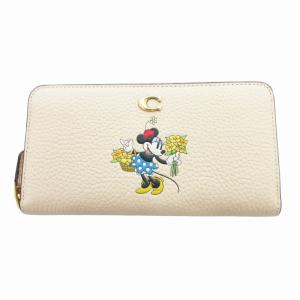 × ディズニー コラボ 美品 長財布 ウォレット ラウンドファスナー ミニーマウス レザー ベージュ CH472