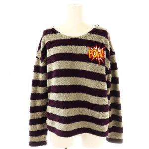 ニット セーター ボーダー ワッペン 長袖 F ダークパープル グレー /ES OS