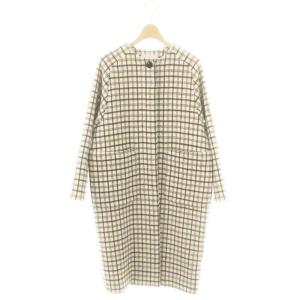 ダブルクロスシャルム ダブルボタンノーカラーショートコート チェック ウール S36 オフホワイト 黒