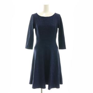 千鳥格子 ワンピース ミモレ ロング 七分袖 38 青 ブルー 黒 ブラック /AT OS