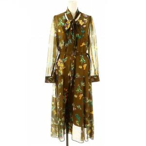 24AW フラワープリントボウタイ付ワンピース インナー付き 36 茶 マルチカラー