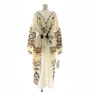 23SS キカカフタンワンピース 刺繍 リネン混 36 アイボリー オレンジ 黒