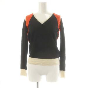 ウールシルクナイロンVネックトップス ニット セーター カシミヤ混 M ブラック オレンジ アイボリー