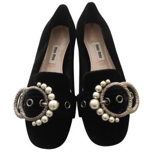 miumiu ベロア フェイクパールバックル フラットパンプス 35.5 ブラック