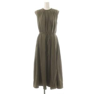 ギャザーネックマキシワンピース ロング ノースリーブ コットン 38 カーキ