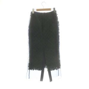 sacai シフォンミックスツイードスカート ロング タイト リネン混 0 グリーン ネイビー マルチカラー 18-03560