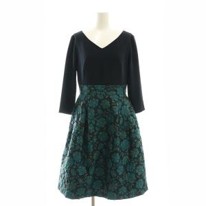 フクレフラワージャガードワンピース ミモレ ロング 七分袖 36 黒 ブラック /AT OS