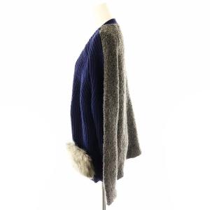 DENHAM フェイクファー ボア 切替 カーディガン ニット ブークレ 38 ネイビー グレー /ES OS