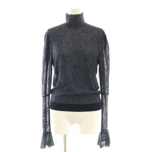 ラメ 総柄 ベルスリーブカットソー ニット 長袖 XS ネイビー /HK OS