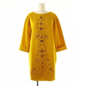 カットワークジャージ ワンピース ひざ丈 七分袖 38 黄 イエロー /AT OS