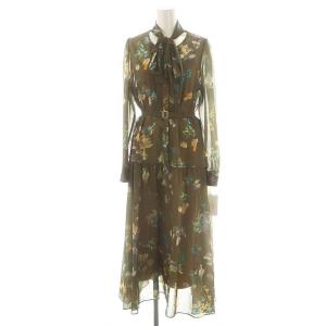 24AW フラワープリントボウタイ付ワンピース ロング 36 カーキ /HK OS