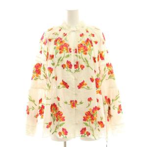 23SS フラワー刺繍トップ ブラウス シャツ フレアスリーブ 36 オフホワイト マルチカラー