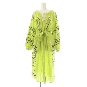 23SS キカカフタン ワンピース 刺繍 リネン混 36 黄緑 白 茶