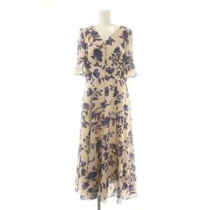 24AW フラワープリントフレアワンピース フリル 花柄 36 ベージュ 紫 黒