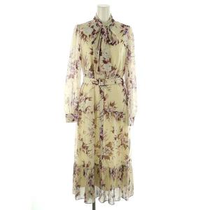 23AW レトロブーケワンピース バンドカラーシャツワンピ ボウタイ インナー付き ベルト付き 36 パープル系