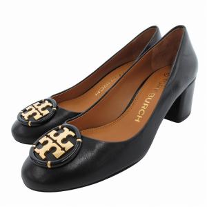 パンプス チャンキーヒール ラウンドトゥ ロゴ レザー 6.5 黒 ブラック /JS