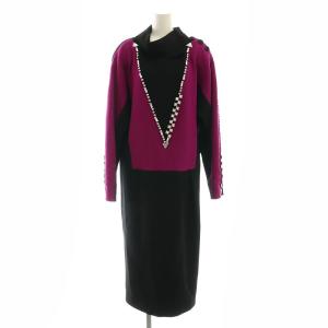 ウール ビジュー ワンピースドレス ミモレ ロング バイカラー 00 黒 ブラック 紫 パープル