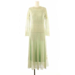 透かし編みニットワンピース マキシ ロング 長袖 F グレー 緑 グリーン /AT OS