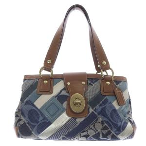 シグネチャー デニム パッチワーク ハンドバッグ 茶色 ブラウン 紺 ネイビー 12216 /SR15