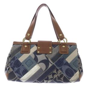 COACH シグネチャー デニム パッチワーク ハンドバッグ 茶色 ブラウン 紺 ネイビー 12216 /SR15