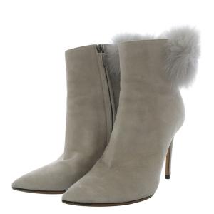 JIMMY CHOO ブーティ ブーツ ショート ピンヒール ポインテッドトゥ ファー付き スエード 34 グレー /YO27