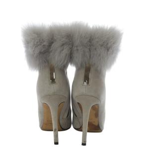 JIMMY CHOO ブーティ ブーツ ショート ピンヒール ポインテッドトゥ ファー付き スエード 34 グレー /YO27
