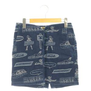 ヒスガール 総柄 デニム ミニスカート タイト S 紺 ネイビー