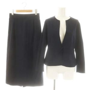 セットアップ スーツ サッカーノーカラージャケット ミディタイトスカート 36 38 ネイビー /ES