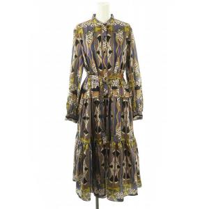 ヌーボープリントティアードワンピース バンドカラー インナー付き ベルト付き 38 マルチカラー