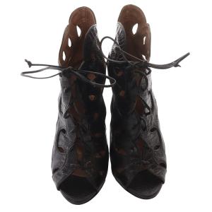 ALAIA レースアップ オープントゥ ヒールサンダル レザー ピンヒール 36 黒 ブラック /SR SH