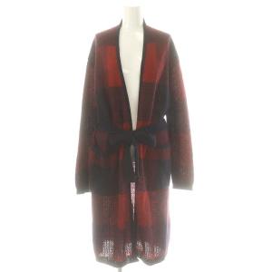 モヘヤ チェック ロングカーディガン ニット ベルト付き S 赤 紺 /MI OS