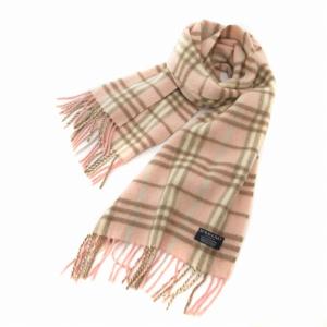 美品 カシミヤ100% マフラー ストール チェック柄 フリンジ 英国製 ピンク /FT